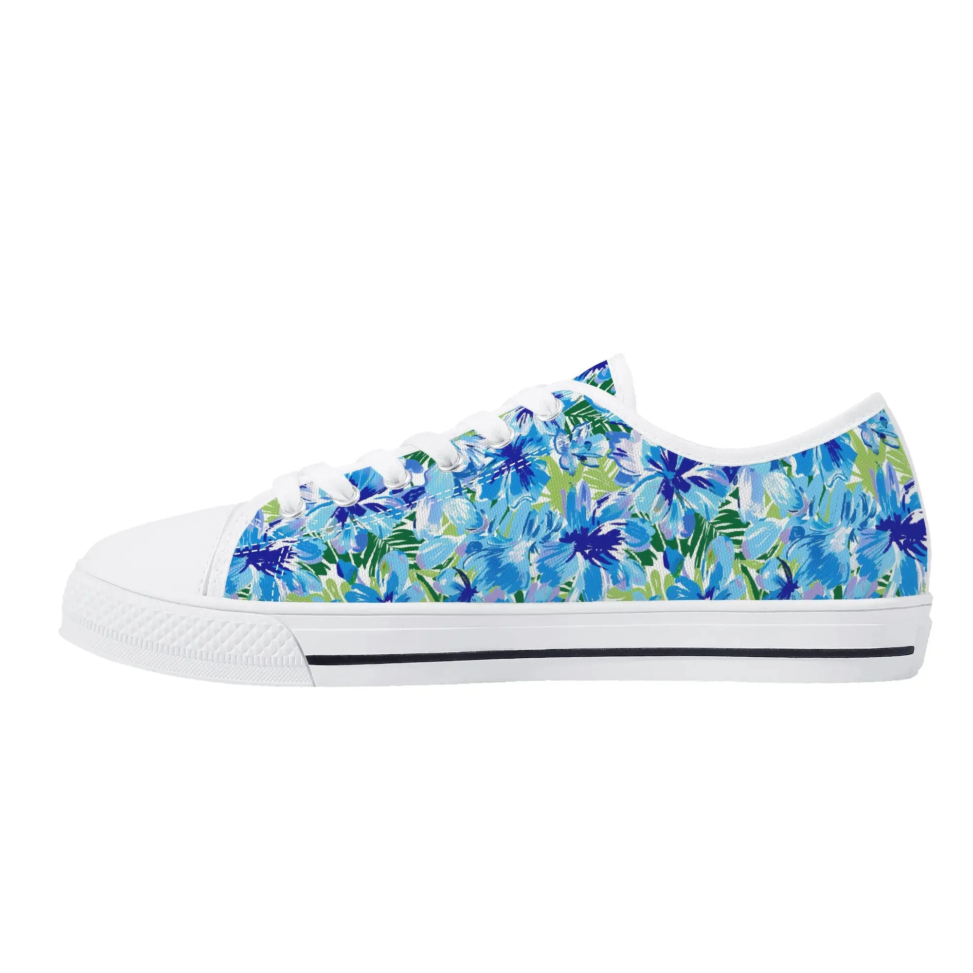 Azure Bloom Oasis: Bright Blue Large Flowers with Lush Green Palm Leaves Womens Low Top Canvas Sneakers US5.5 - US12