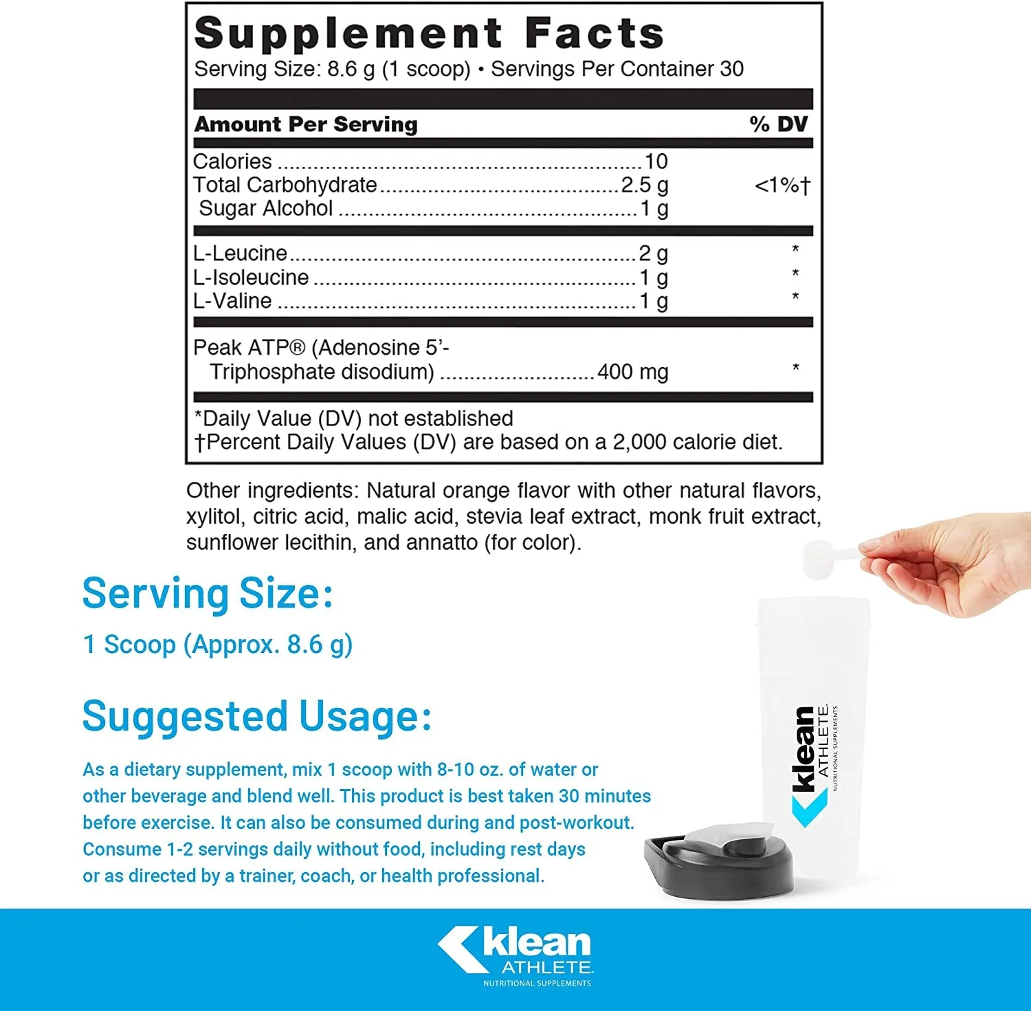 Klean BCAA   Peak ATP | Amino Acid Supplement for Muscle Building, Workout Recovery, and Lean Muscle | 9.1 Ounces | Natural Orange Flavor