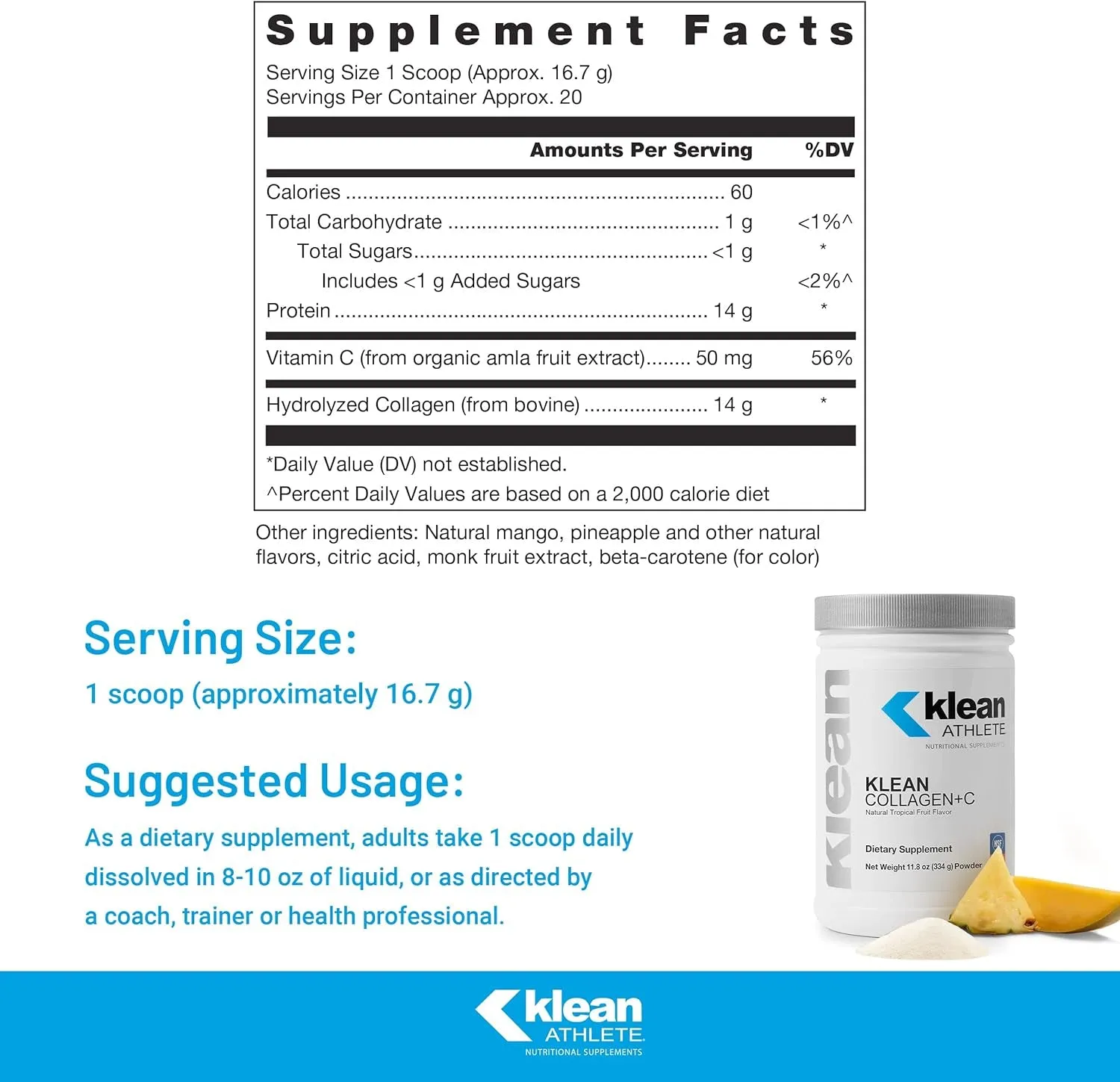 Klean Collagen C | Supports Musculoskeletal Health to Help Optimize Performance and Mobility | 11.8 Ounces | Natural Tropical Fruit Flavor