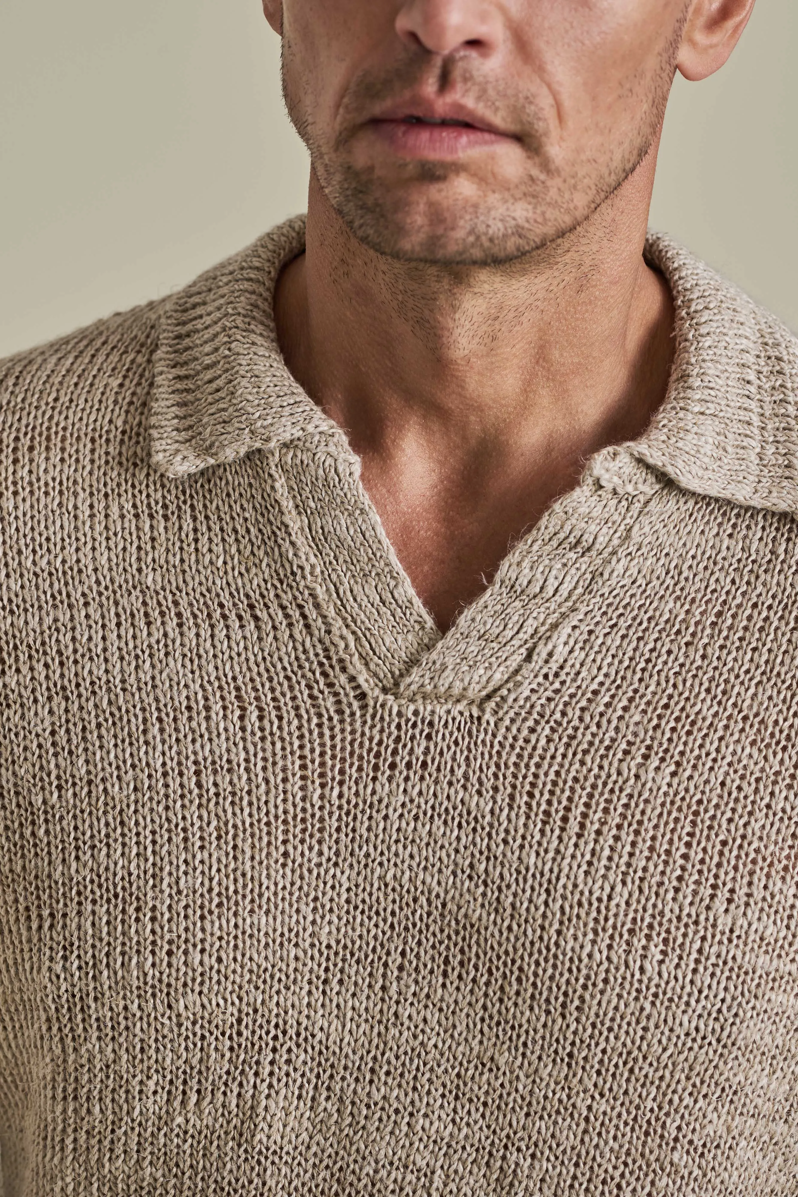 Linen Long Sleeve Wide Gauge Skipper Polo Shirt