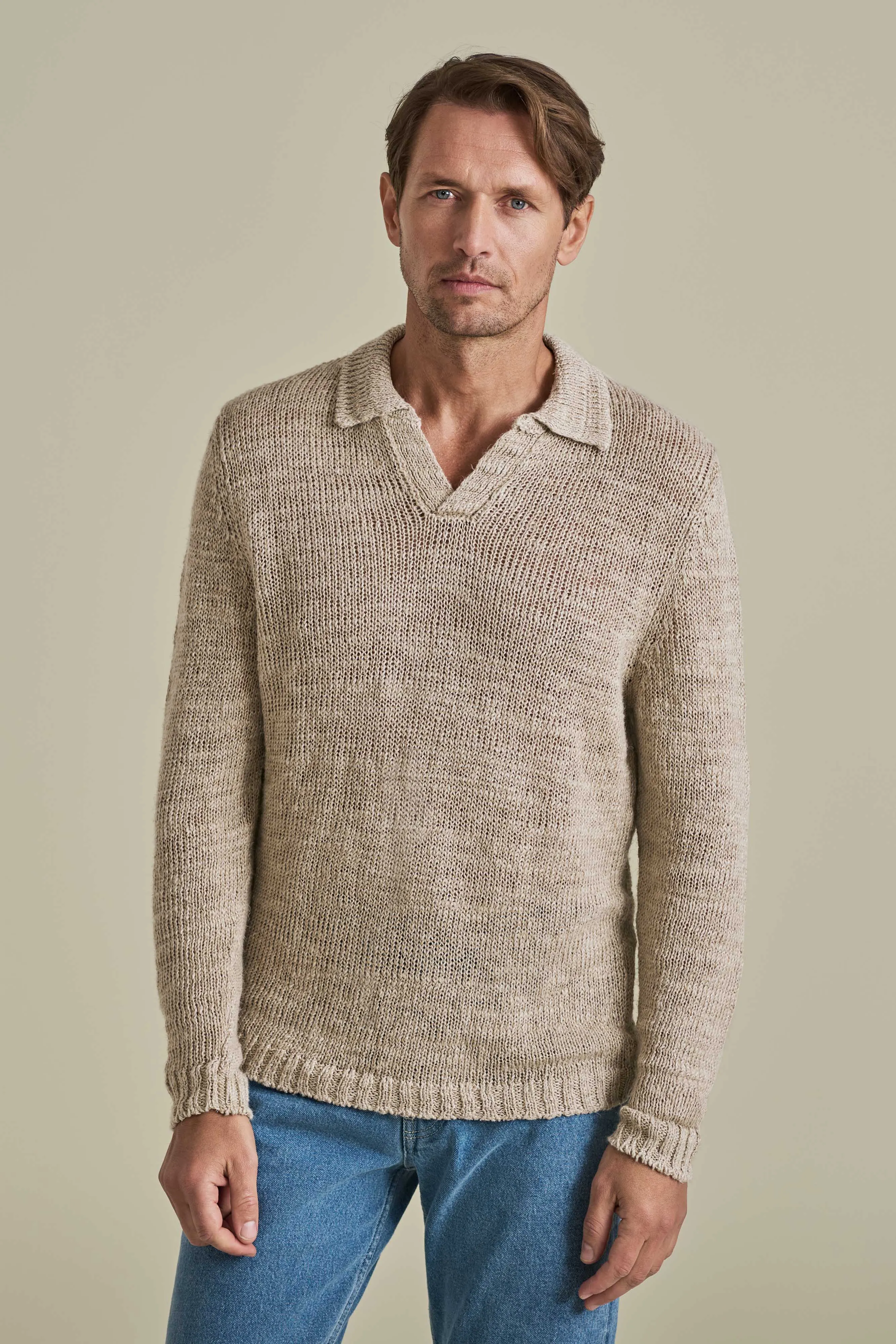 Linen Long Sleeve Wide Gauge Skipper Polo Shirt