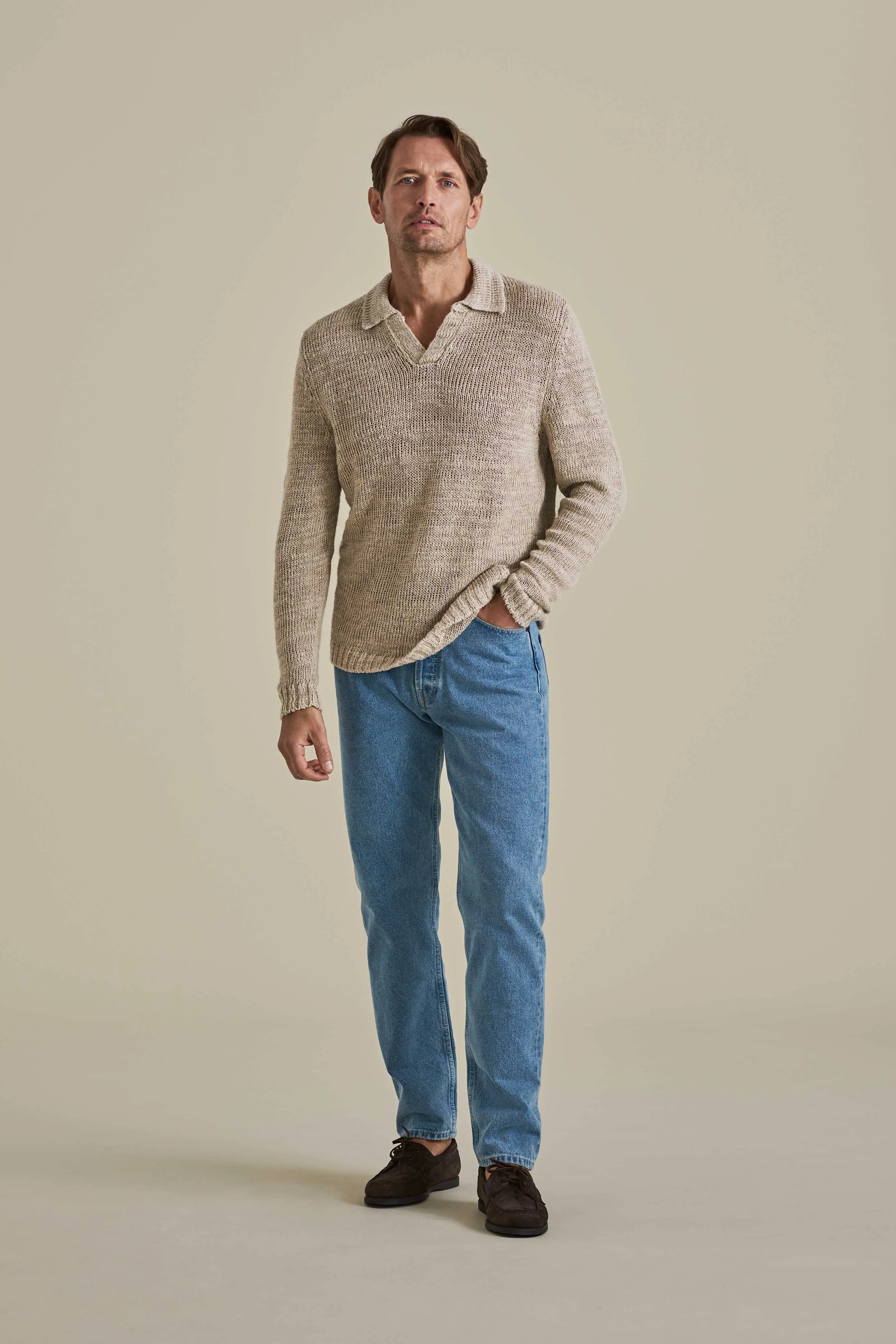 Linen Long Sleeve Wide Gauge Skipper Polo Shirt