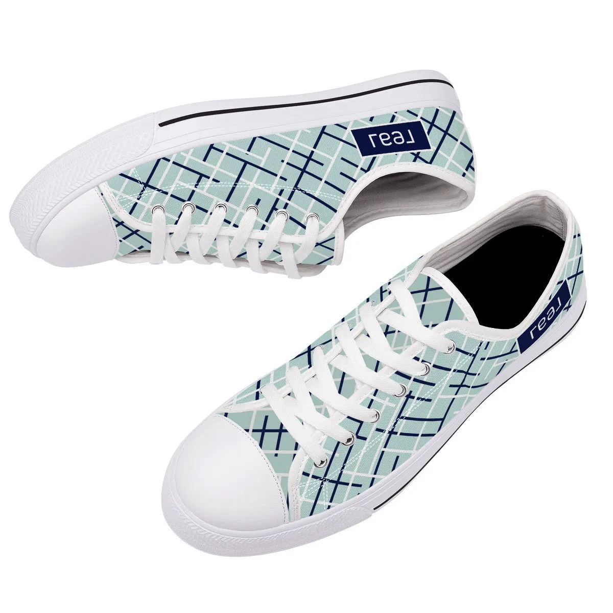 Real Navy Logo on Aqua with Abstract Line Design Canvas Sneakers