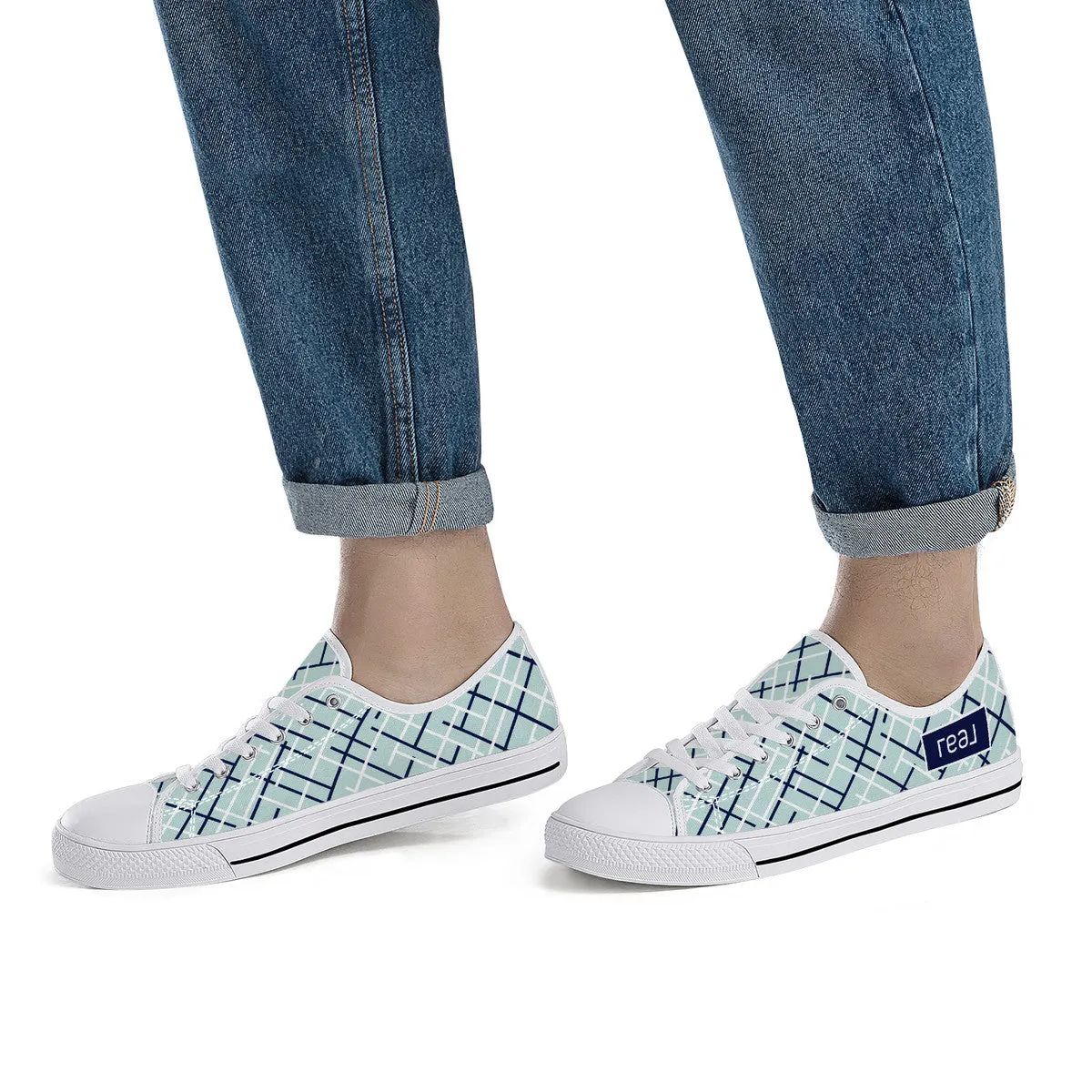 Real Navy Logo on Aqua with Abstract Line Design Canvas Sneakers