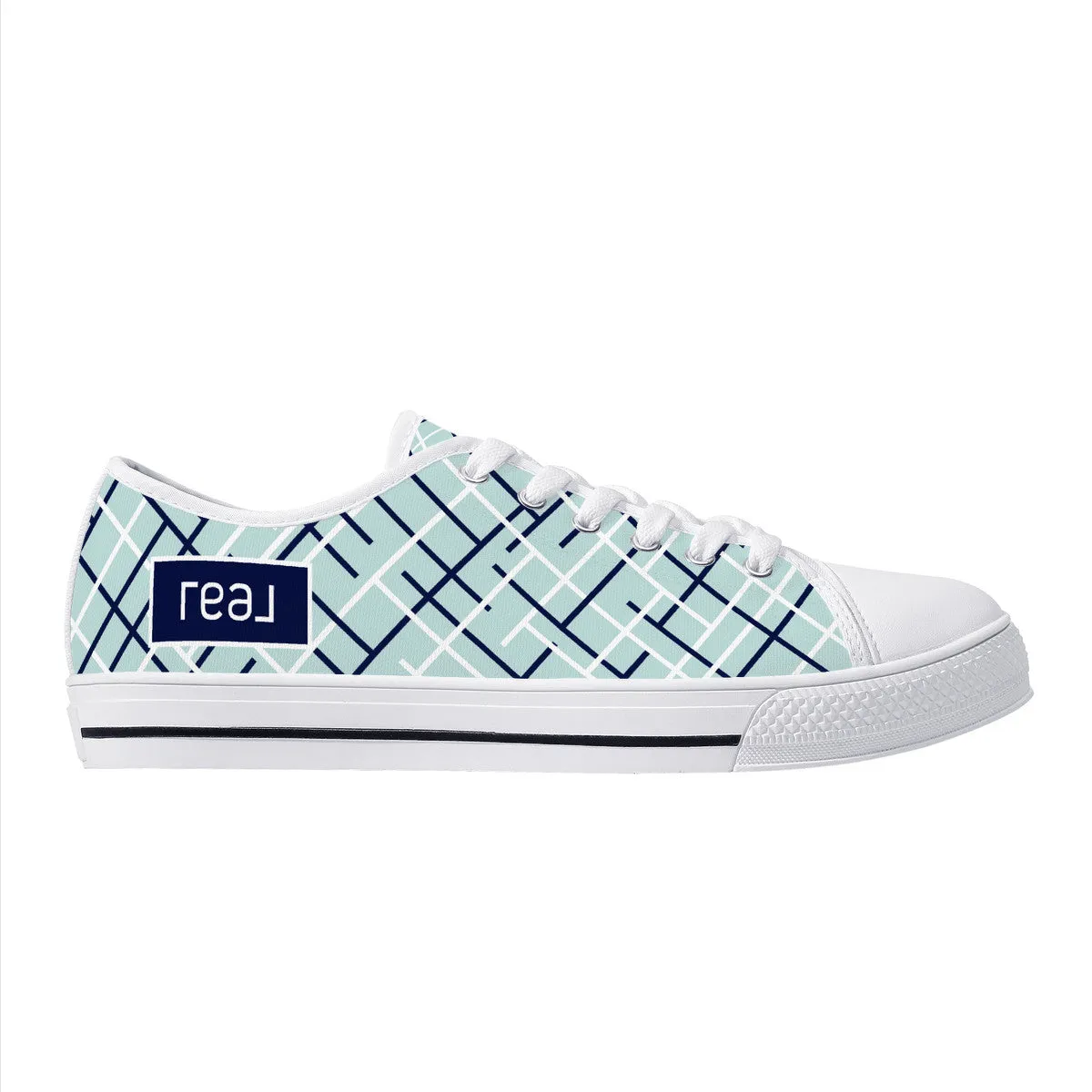 Real Navy Logo on Aqua with Abstract Line Design Canvas Sneakers