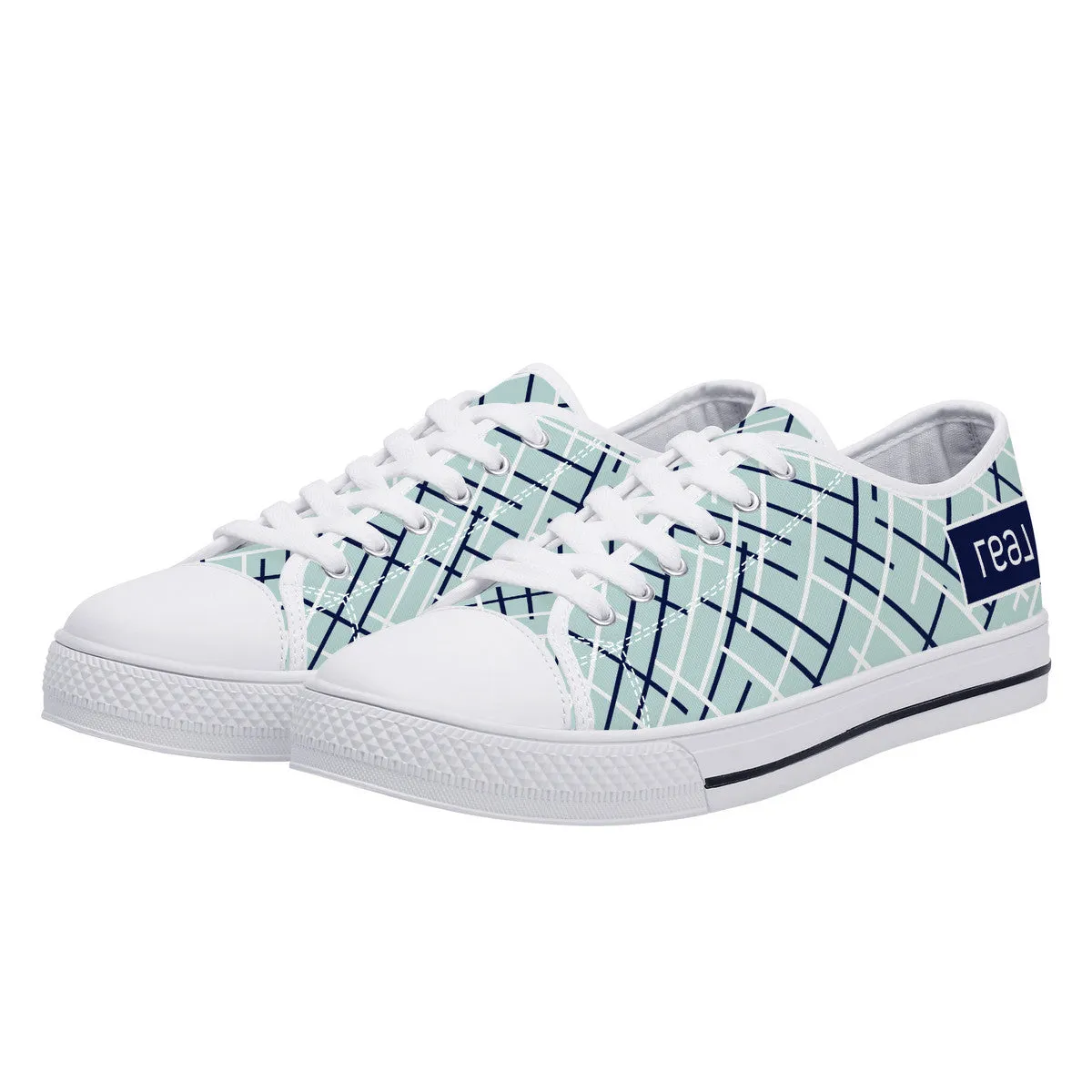 Real Navy Logo on Aqua with Abstract Line Design Canvas Sneakers