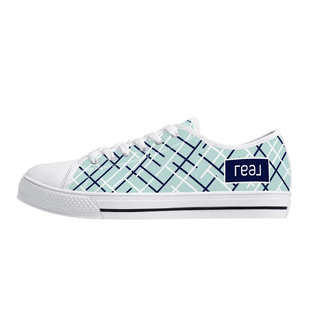 Real Navy Logo on Aqua with Abstract Line Design Canvas Sneakers
