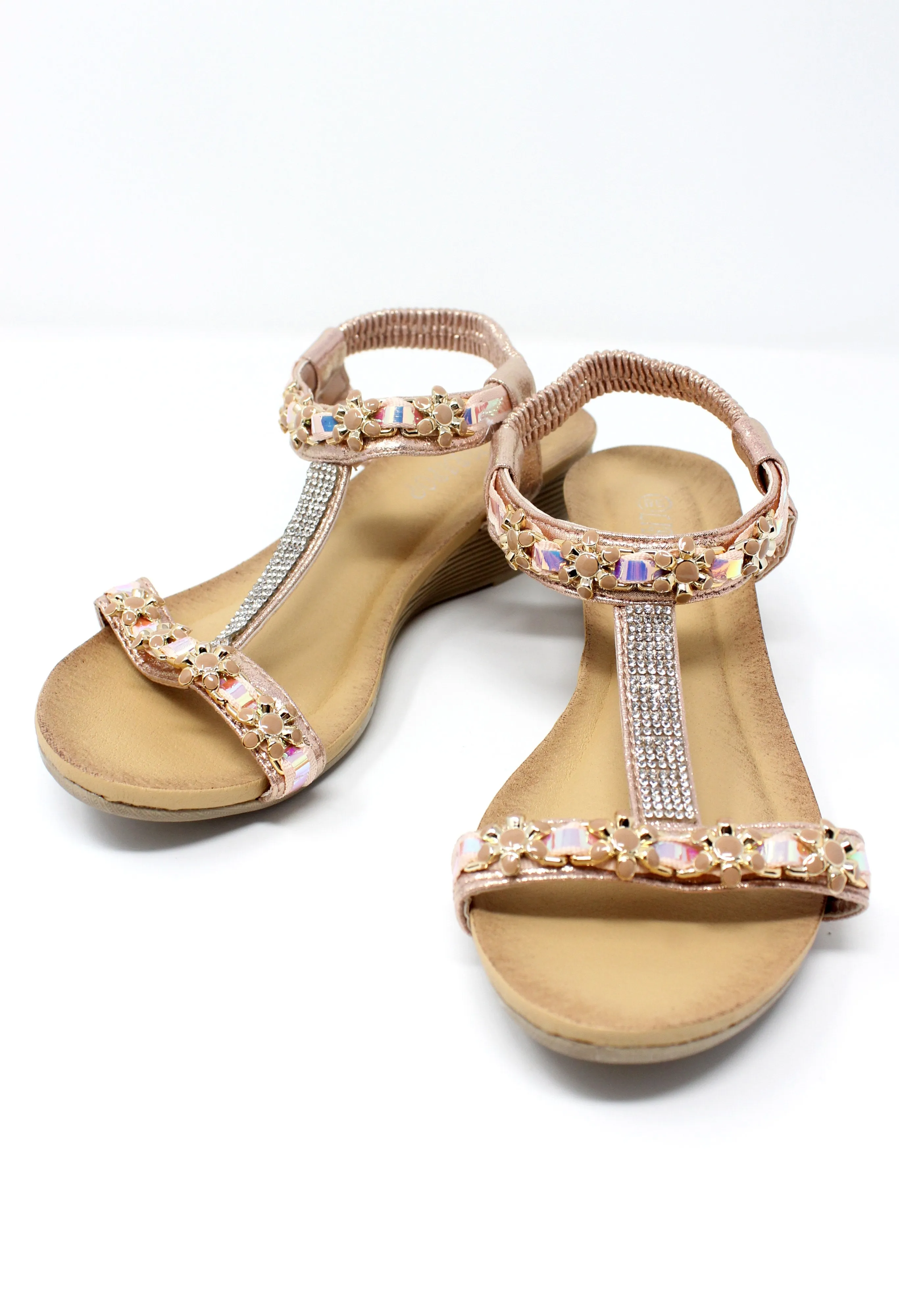 Rose Gold Lightweight T Strap Wedge Sandal