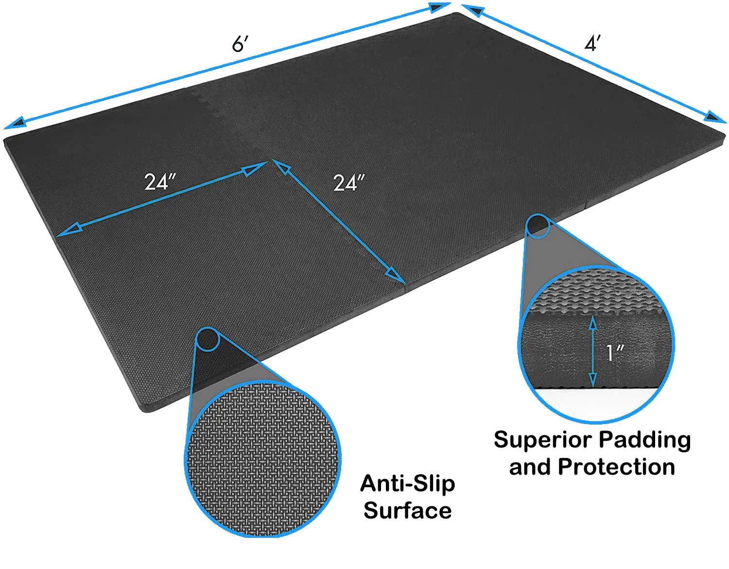Rubber Tiles Mat 6 Squares Interlocking Foam Gym Mats 24'' x 24''