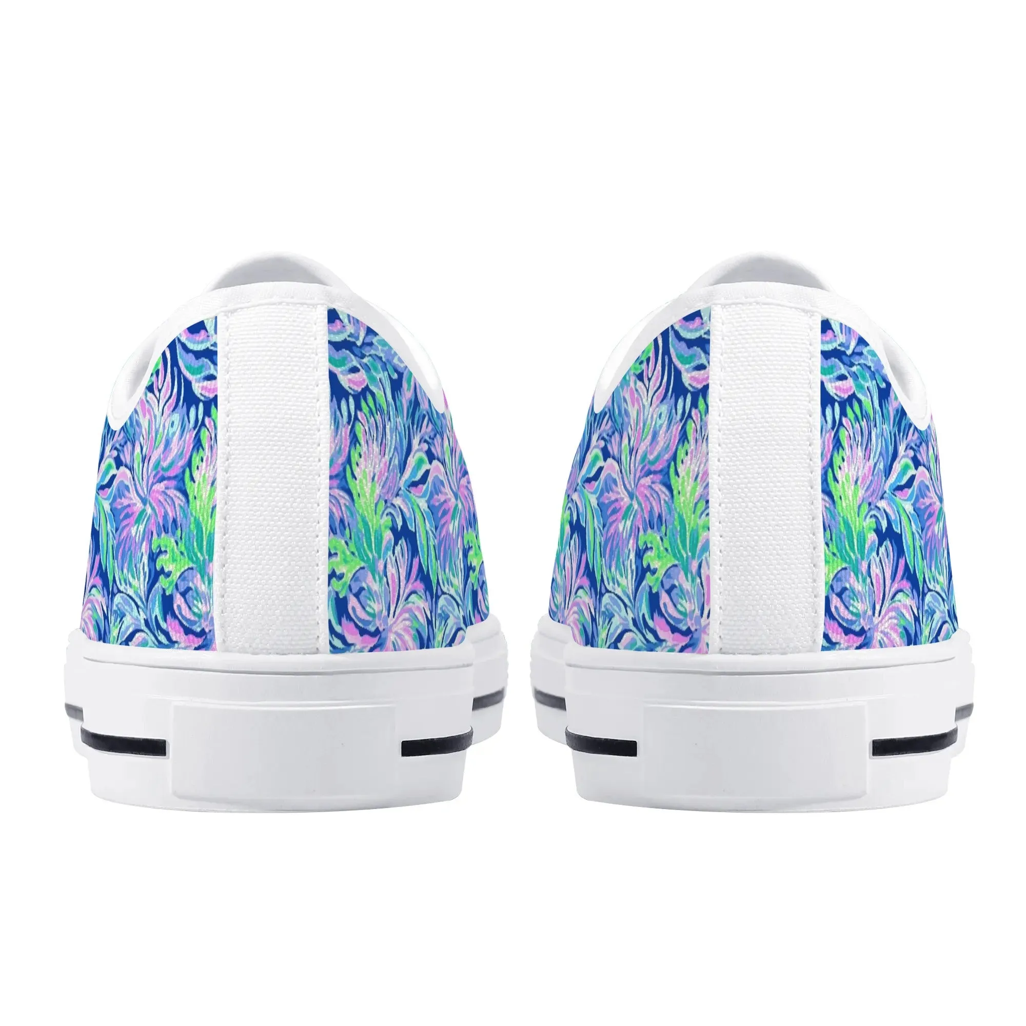Seaside Serenade: Coastal Pink, Navy, and Green Tropical Blooms Dancing Womens Low Top Canvas Sneakers US5.5 - US12