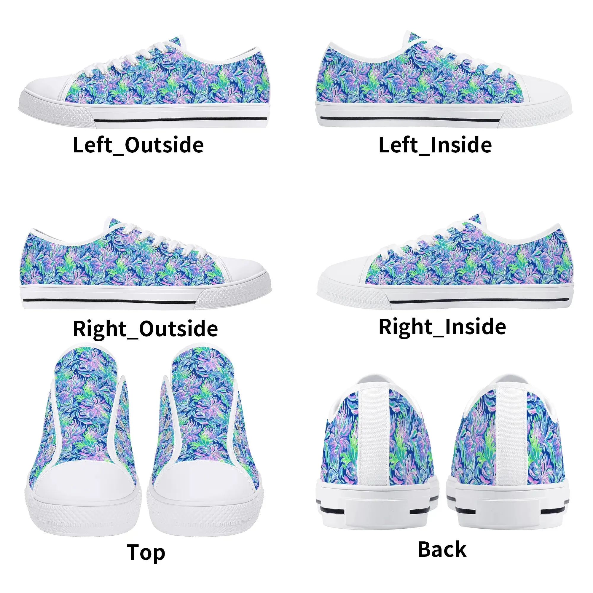 Seaside Serenade: Coastal Pink, Navy, and Green Tropical Blooms Dancing Womens Low Top Canvas Sneakers US5.5 - US12