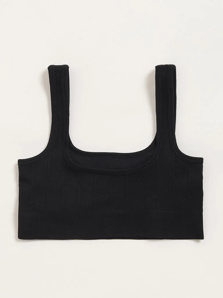 Superstar Black Ribbed Textured Seamfree Sports Bra
