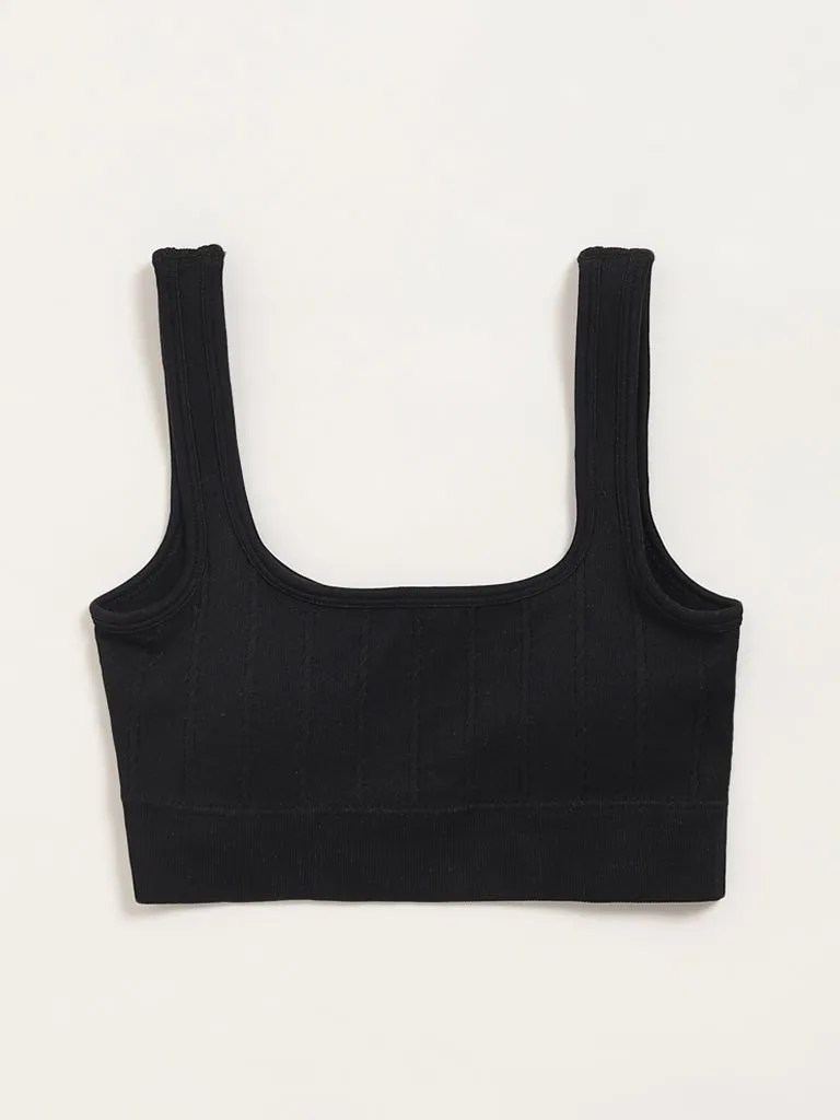 Superstar Black Ribbed Textured Seamfree Sports Bra