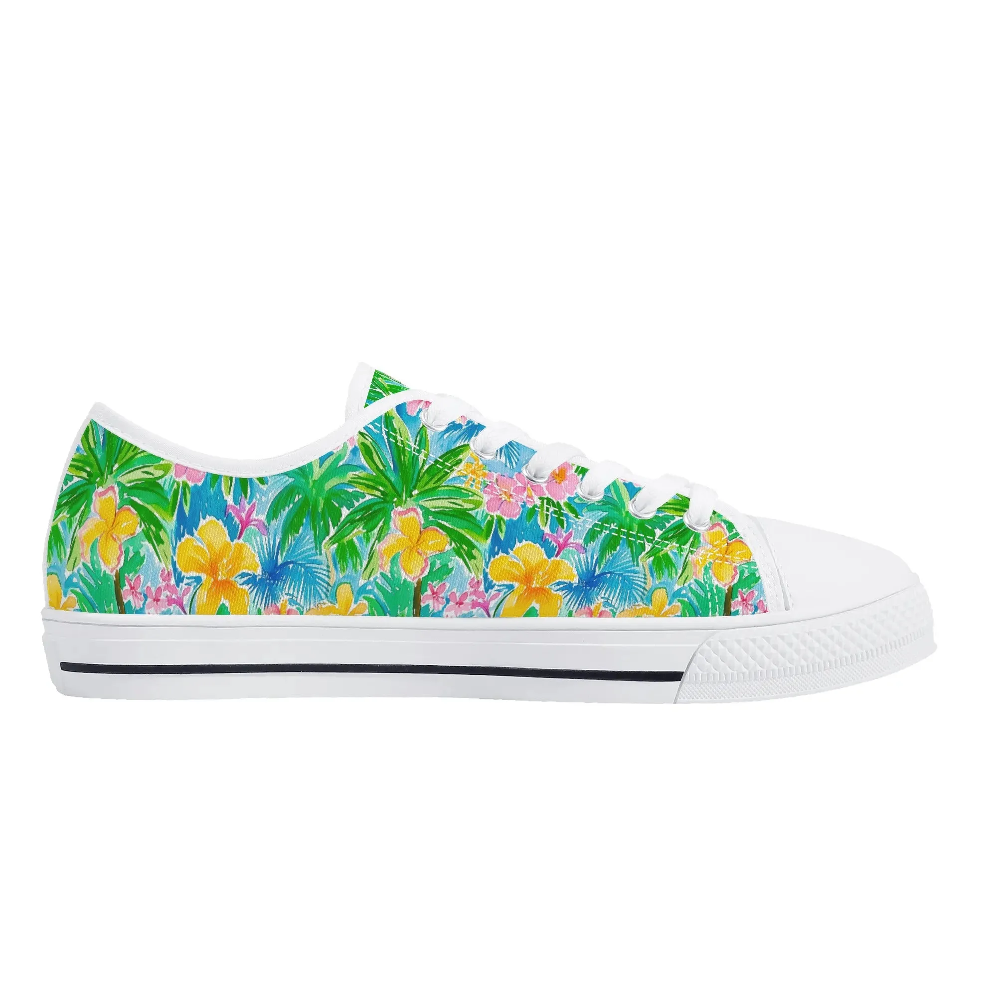 Tropical Harmony: Watercolor Yellow and Pink Hibiscus Flowers with Blue and Green Palm Leaves Womens Low Top Canvas Sneakers US5.5 - US12