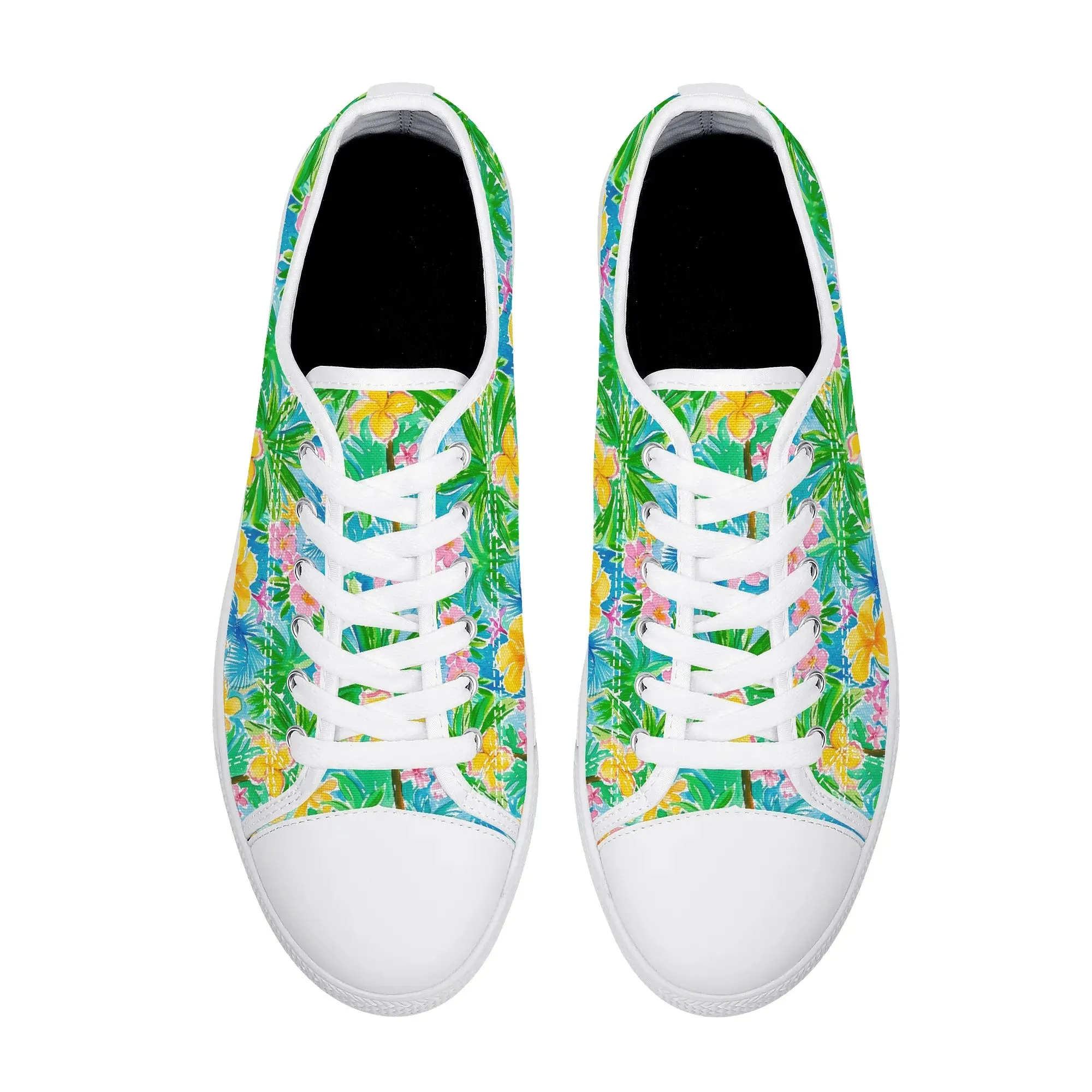 Tropical Harmony: Watercolor Yellow and Pink Hibiscus Flowers with Blue and Green Palm Leaves Womens Low Top Canvas Sneakers US5.5 - US12