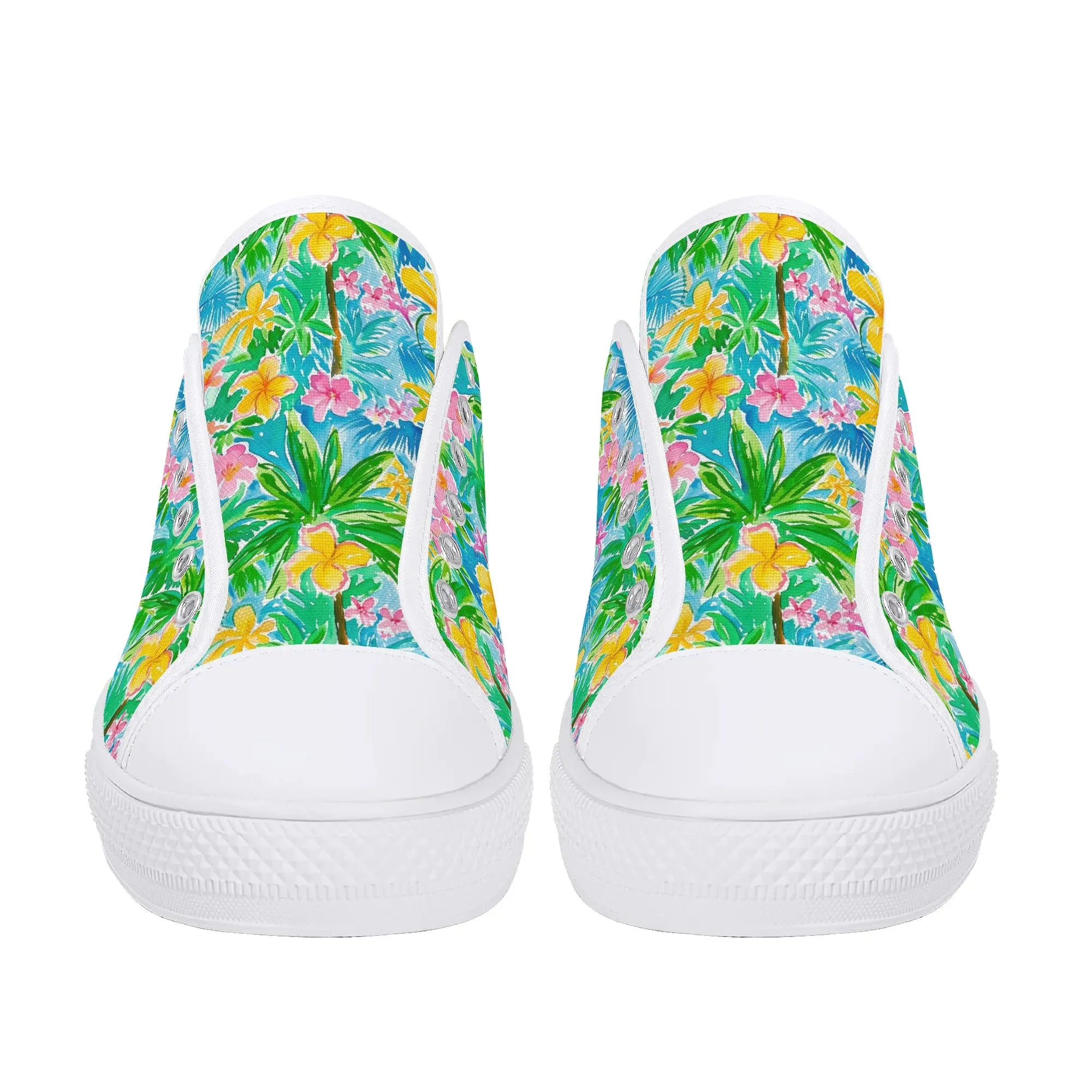 Tropical Harmony: Watercolor Yellow and Pink Hibiscus Flowers with Blue and Green Palm Leaves Womens Low Top Canvas Sneakers US5.5 - US12