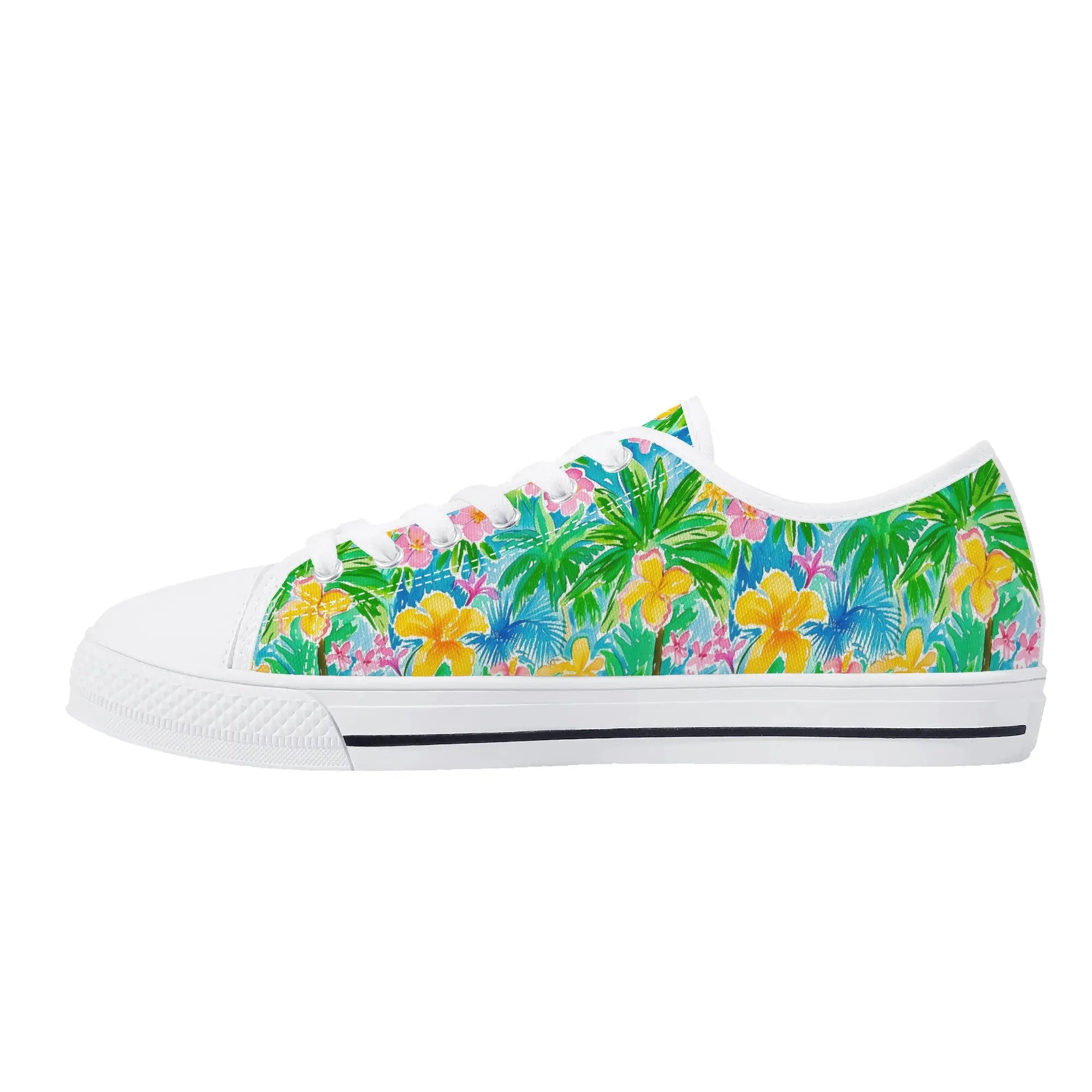Tropical Harmony: Watercolor Yellow and Pink Hibiscus Flowers with Blue and Green Palm Leaves Womens Low Top Canvas Sneakers US5.5 - US12
