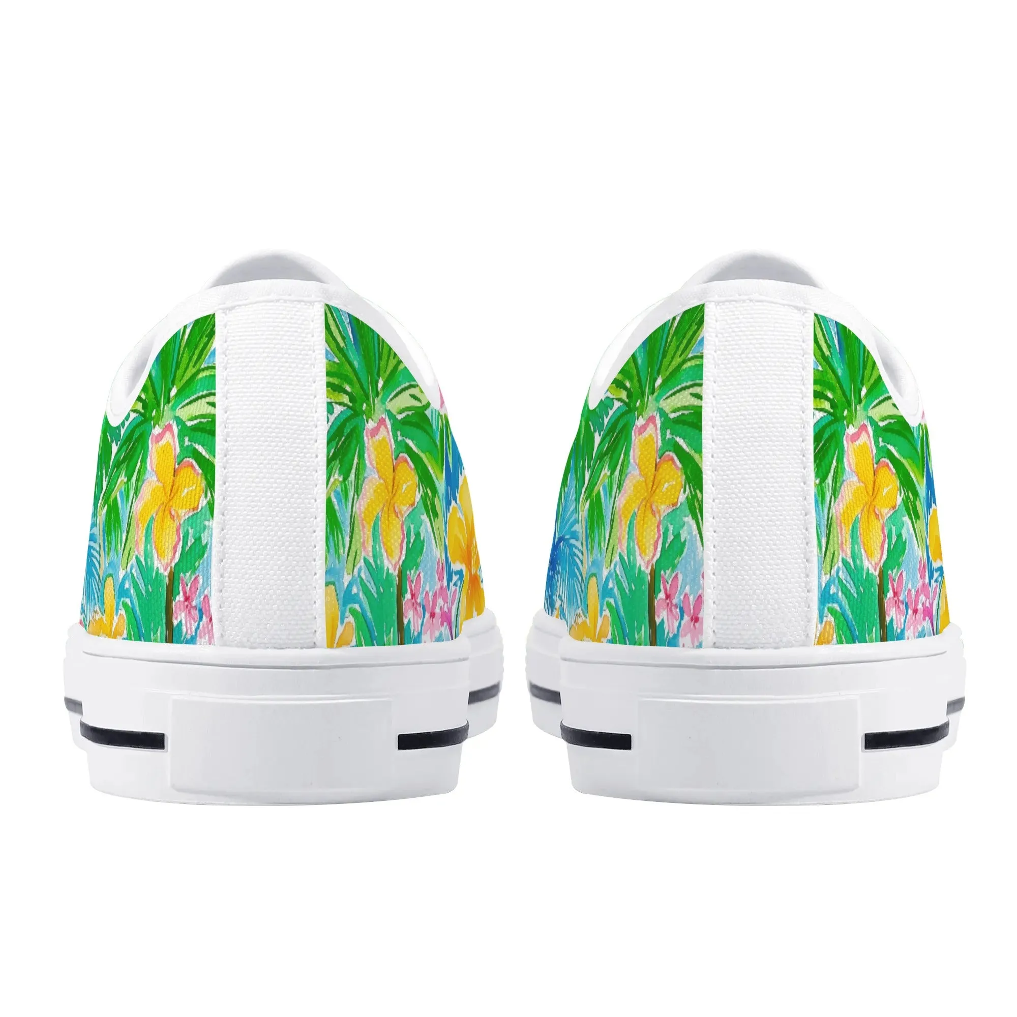 Tropical Harmony: Watercolor Yellow and Pink Hibiscus Flowers with Blue and Green Palm Leaves Womens Low Top Canvas Sneakers US5.5 - US12