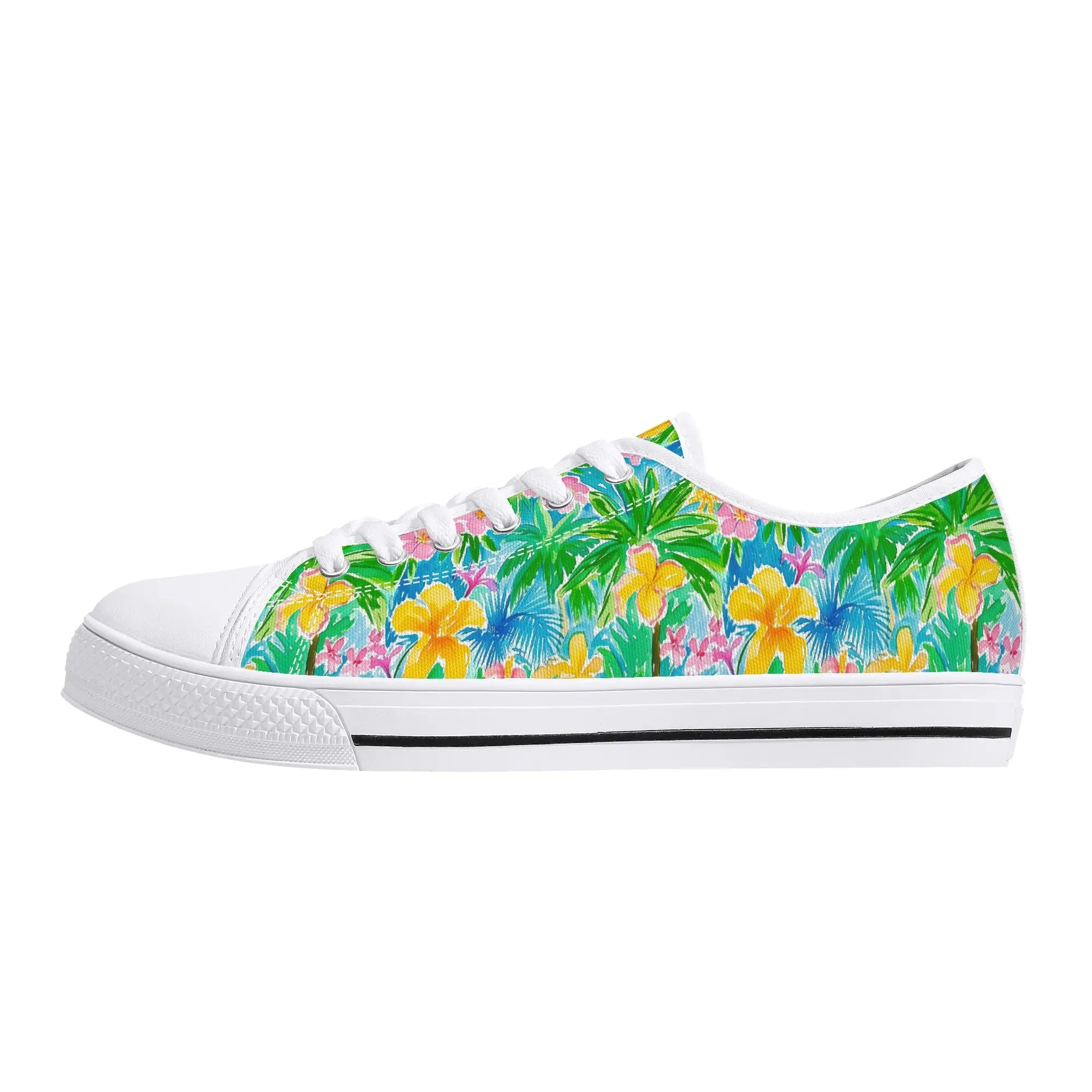 Tropical Harmony: Watercolor Yellow and Pink Hibiscus Flowers with Blue and Green Palm Leaves Womens Low Top Canvas Sneakers US5.5 - US12