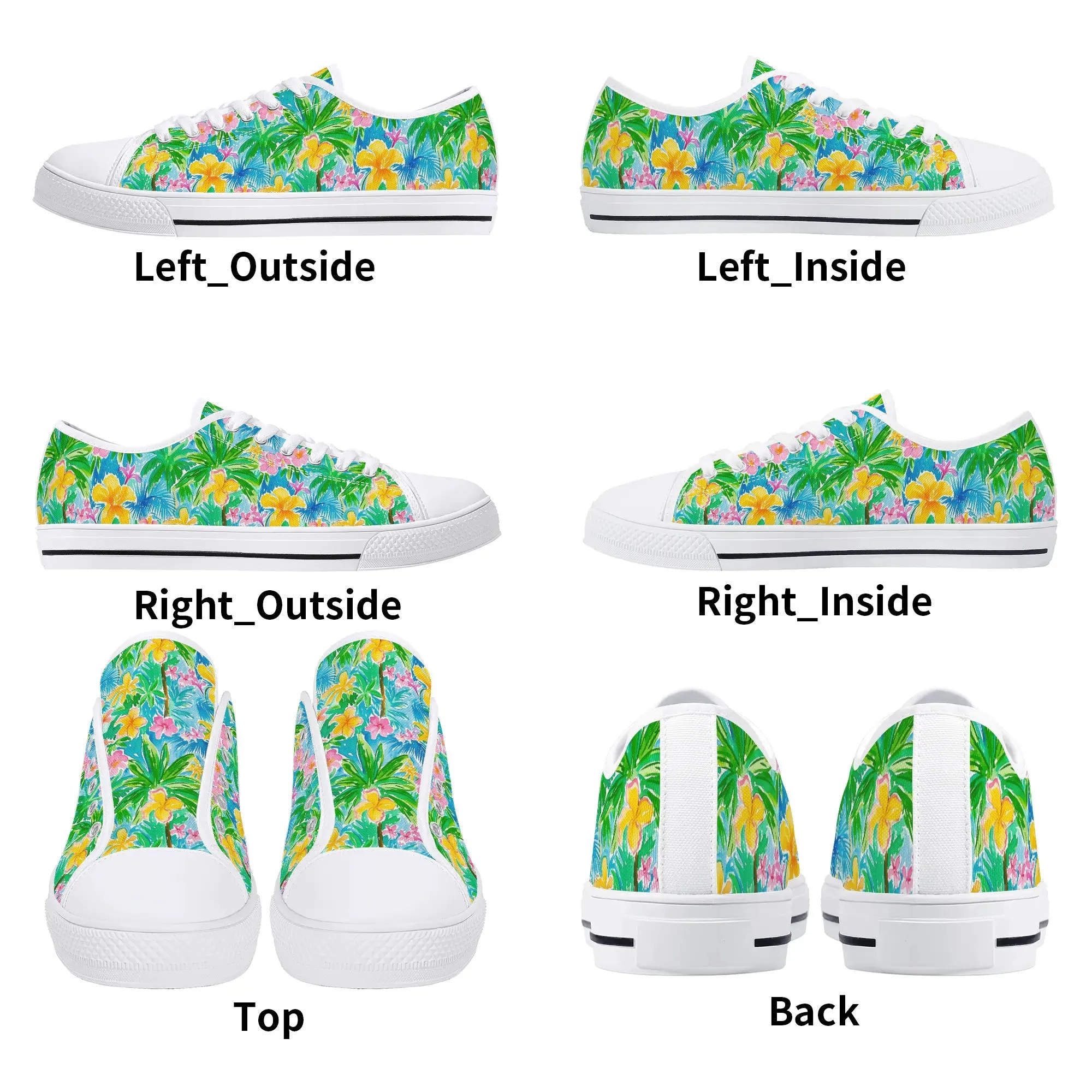 Tropical Harmony: Watercolor Yellow and Pink Hibiscus Flowers with Blue and Green Palm Leaves Womens Low Top Canvas Sneakers US5.5 - US12