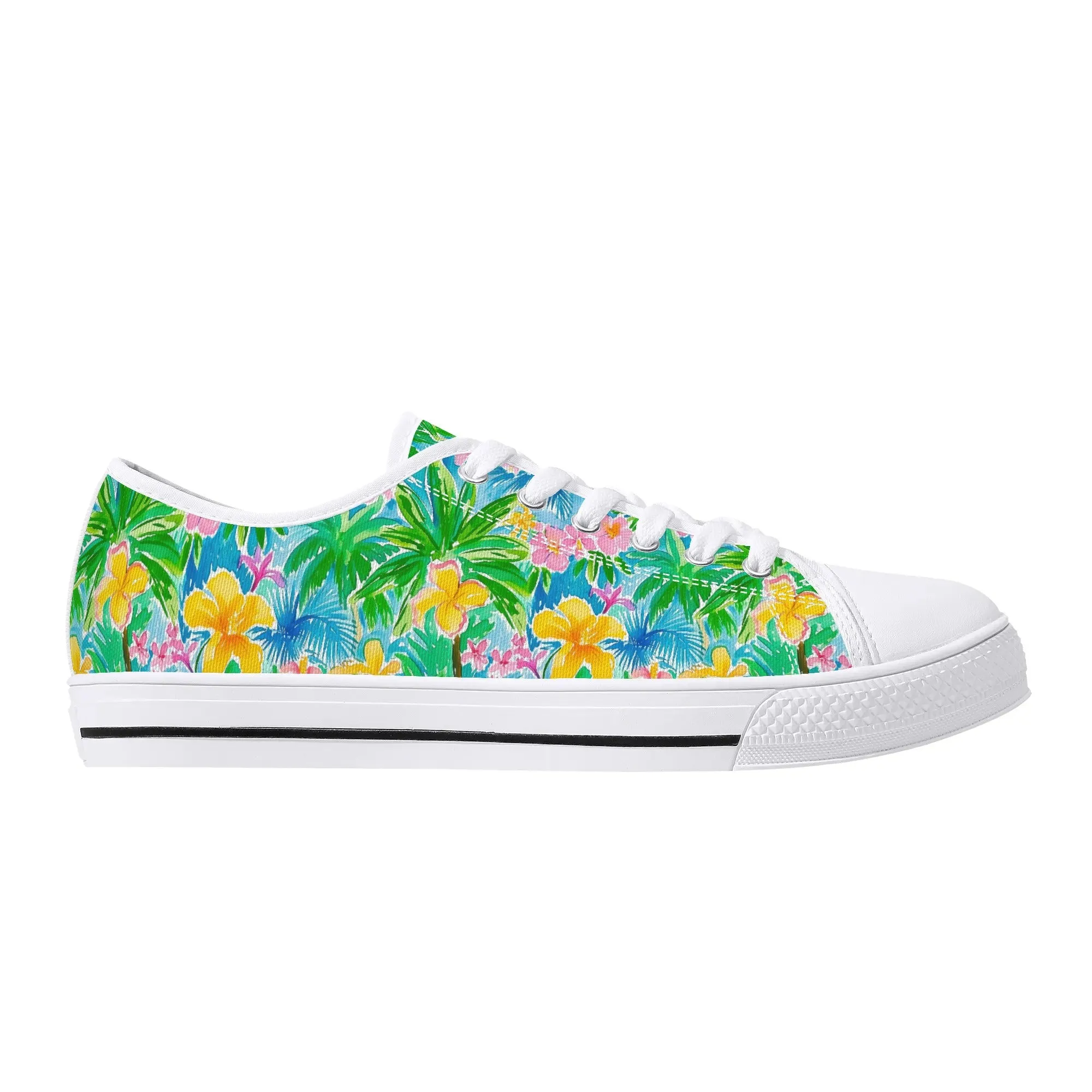 Tropical Harmony: Watercolor Yellow and Pink Hibiscus Flowers with Blue and Green Palm Leaves Womens Low Top Canvas Sneakers US5.5 - US12