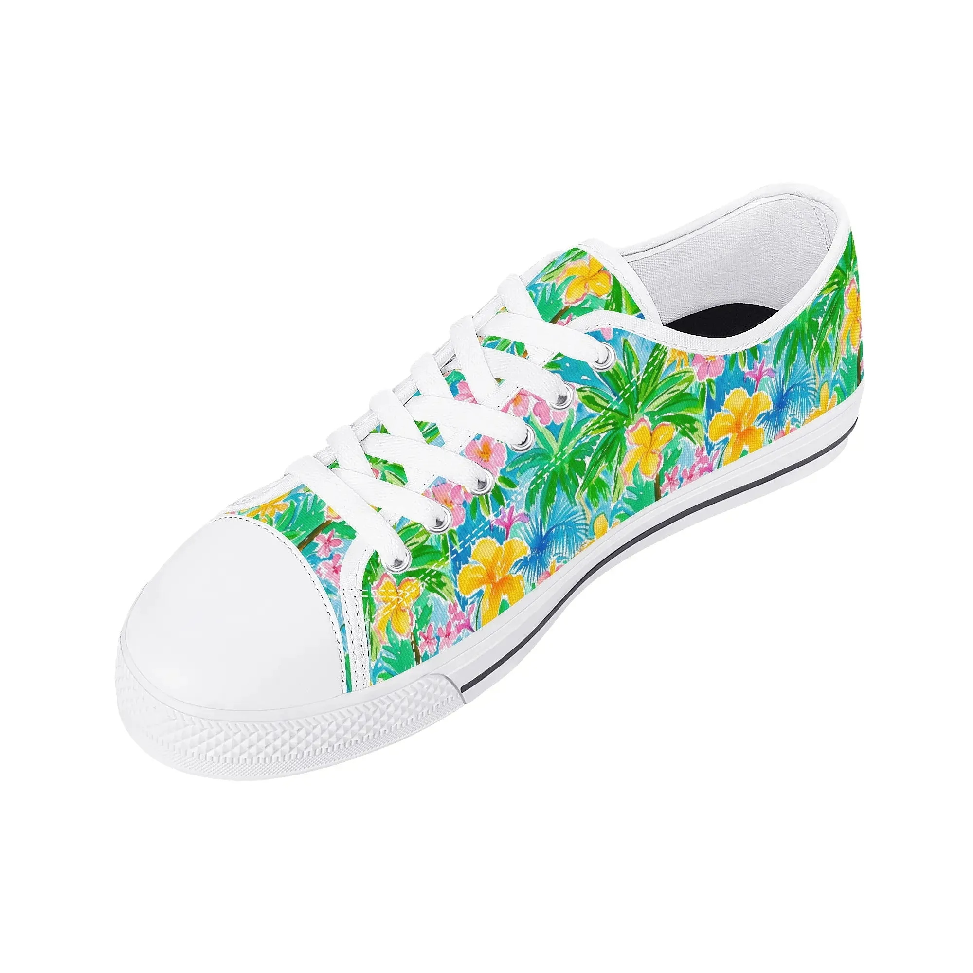 Tropical Harmony: Watercolor Yellow and Pink Hibiscus Flowers with Blue and Green Palm Leaves Womens Low Top Canvas Sneakers US5.5 - US12