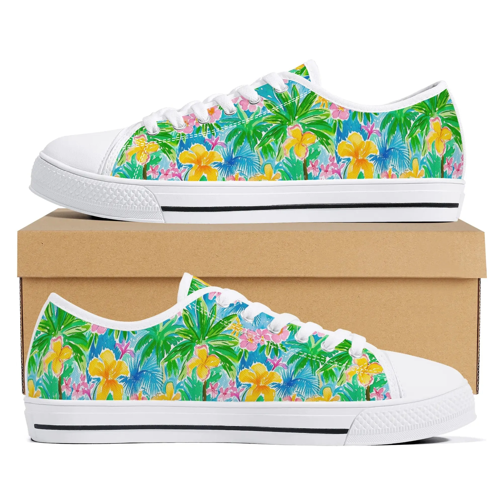Tropical Harmony: Watercolor Yellow and Pink Hibiscus Flowers with Blue and Green Palm Leaves Womens Low Top Canvas Sneakers US5.5 - US12
